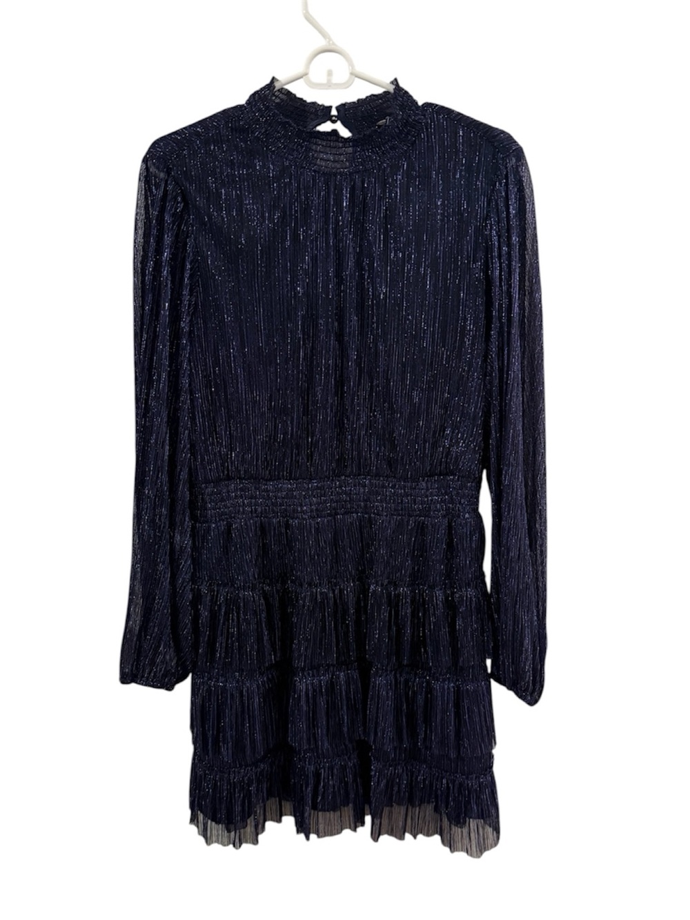 Express Navy Shimmer Metallic Long-Sleeve Tiered Dress w/ Elastic Formal Large